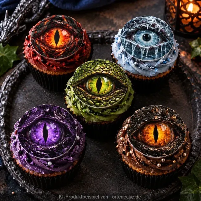 Fantasy Cupcakes dekoriert mit essbaren Drachenauge Tortenauflegern aus Fondant für die Mottoparty
